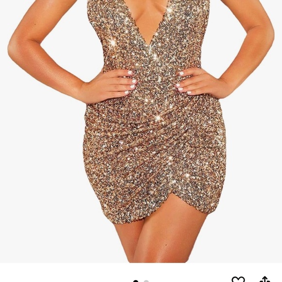 Women's Sexy Halter Sequin Deep V Neck Mini Dress Gold Large - Picture 2 of 3